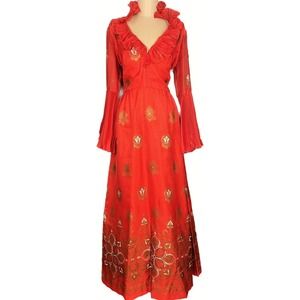 Vintage 70s Alfred Shaheen Red Bell Sleeve Ruffle Neck Gold Detail Maxi Dress 12